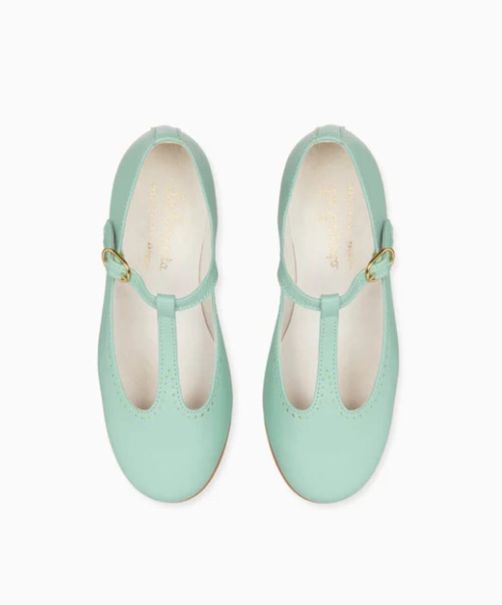 La Coqueta Pale Green Leather Girl T-Bar Shoes